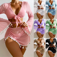 4 piece set solid color tassel bikini mesh swimsuit for women - Thumbnail 3