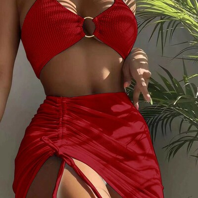 3 piece solid color lace-up sexy women swimsuit beach bathing suit swimwear bikini set