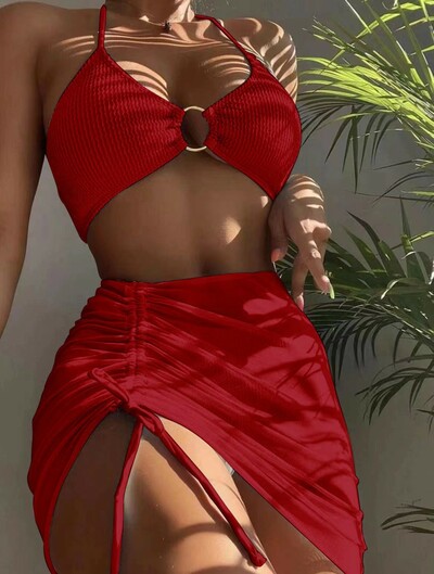 3 Piece Solid Color Lace-up Sexy Women Swimsuit Beach Bathing Suit Swimwear Bikini Set