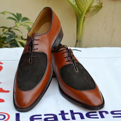 Crafted leather two tone brown leather and suede lace up dress shoes - Thumbnail 5