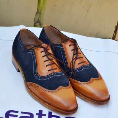 Brown blue suede leather handmade wingtip oxford dress shoes - Thumbnail 5