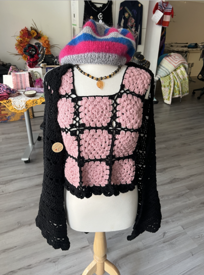 Pink and Black Crocheted Top