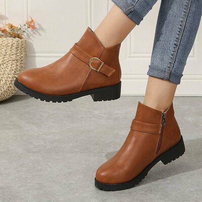 Autumn and winter new women's round head side zipper thick heel short boots