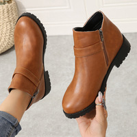 Autumn and Winter New Women's Round Head Side Zipper Thick Heel Short Boots - Thumbnail 2