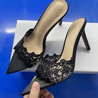 Lace Embroidery Pointed Open Toe 7cm High Heel Slippers for Women Girls - Thumbnail 3