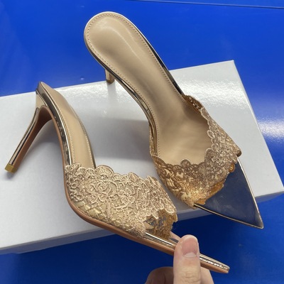 Lace embroidery pointed open toe 7cm high heel slippers for women girls