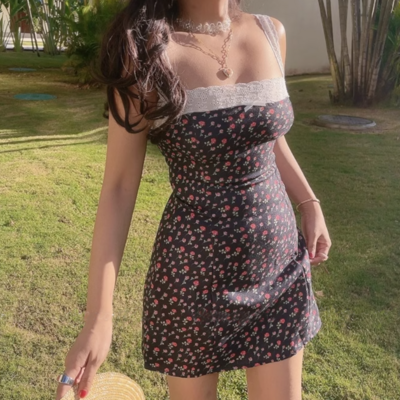 Rose print lace slip dress