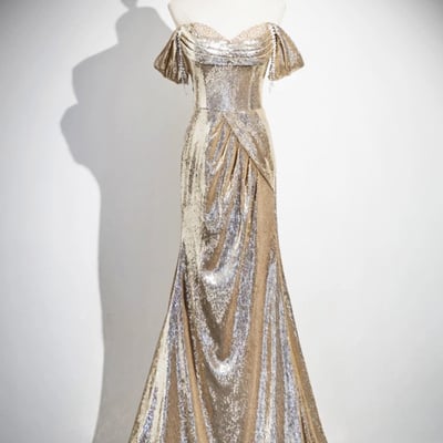 Gold sequins long prom dress, mermaid off the shoulder evening party dress - Thumbnail 2