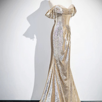 Gold Sequins Long Prom Dress, Mermaid Off the Shoulder Evening Party Dress - Thumbnail 1
