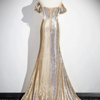 Gold Sequins Long Prom Dress, Mermaid Off the Shoulder Evening Party Dress - Thumbnail 2