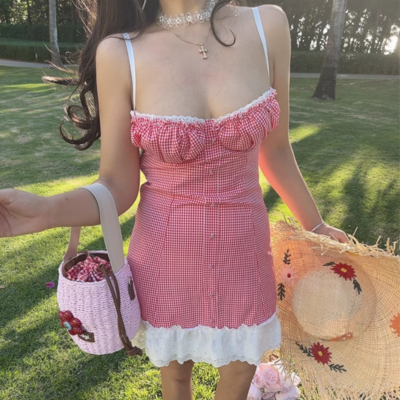 Lace hem stitching suspender dress for women with cross-back lace-up slim fit plaid steel support short skirt