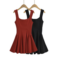 Retro solid color square neck slim short skirt dress - Thumbnail 1