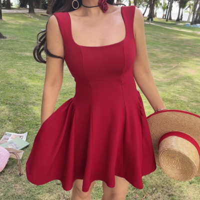 Retro solid color square neck slim short skirt dress