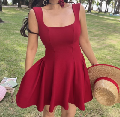 Retro solid color square neck slim short skirt dress