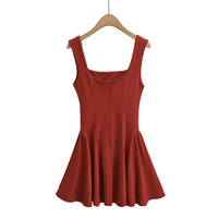 Retro solid color square neck slim short skirt dress - Thumbnail 2