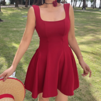 Retro solid color square neck slim short skirt dress - Thumbnail 3