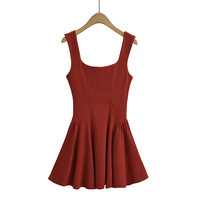Retro solid color square neck slim short skirt dress - Thumbnail 4