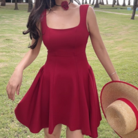 Retro solid color square neck slim short skirt dress - Thumbnail 5