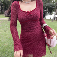 Retro flocked floral long-sleeved dress - Thumbnail 3