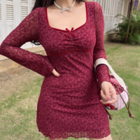 Retro flocked floral long-sleeved dress - Thumbnail 1