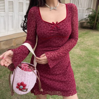 Retro flocked floral long-sleeved dress