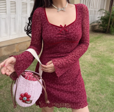 Retro flocked floral long-sleeved dress