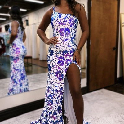 One shoulder mermaid purple white sequins long prom dress with slit, pd230337