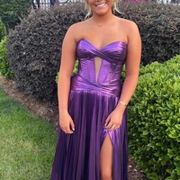  A Line Turquoise Sweetheart Metallic Pleated Prom Dresses with Slit, PD230340 - Thumbnail 1