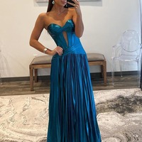  A Line Turquoise Sweetheart Metallic Pleated Prom Dresses with Slit, PD230340 - Thumbnail 3