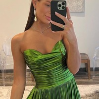  Strapless  A Line Metallic Satin Pleated Prom Dresses with Slit, PD230343 - Thumbnail 1