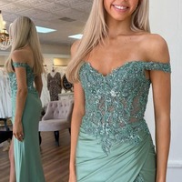 Mermaid Off the Shoulder Green Satin Prom Dress With Slit, PD230345 - Thumbnail 1