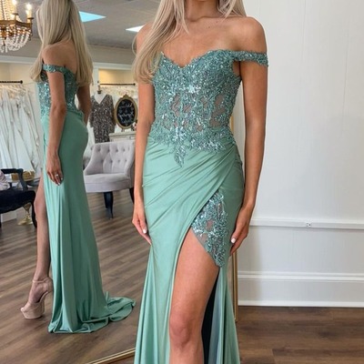 Mermaid off the shoulder green satin prom dress with slit, pd230345 - Thumbnail 5