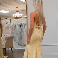 V Neck Mermaid Daffodial Satin Slit Prom Dress with Beading, PD230346 - Thumbnail 1