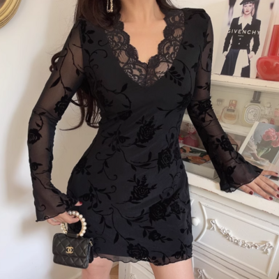 Flocked v-neck long-sleeved hot girl short dress