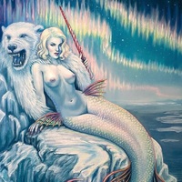 Zirconia mermaid large  original art pastel painting, Huge arctic  vintage mermaid nude - Thumbnail 3