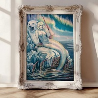 Zirconia mermaid large  original art pastel painting, Huge arctic  vintage mermaid nude - Thumbnail 2