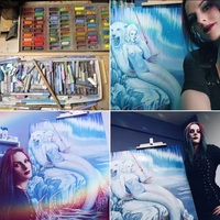 Zirconia mermaid large  original art pastel painting, Huge arctic  vintage mermaid nude - Thumbnail 5