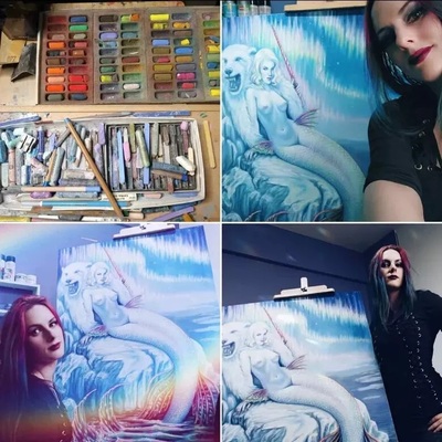 Zirconia mermaid large  original art pastel painting, huge arctic  vintage mermaid nude