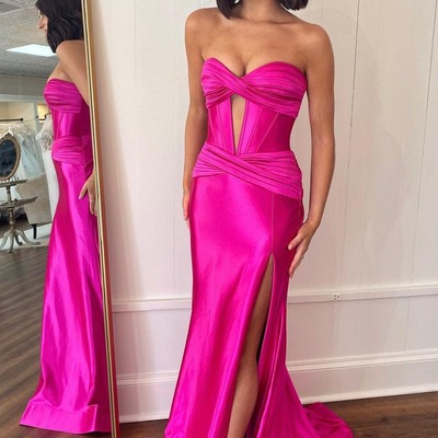  sweetheart mermaid satin prom dresses with slit , pd230348