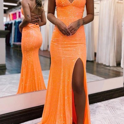 V neck mermaid orange sequins long prom dresses with slit, pd230349 - Thumbnail 4