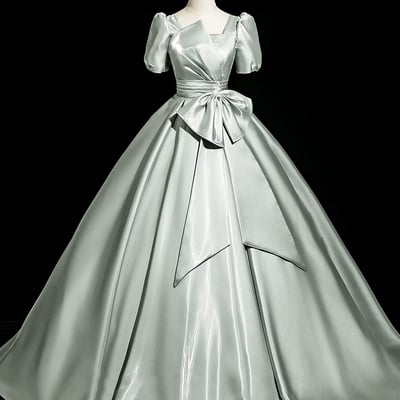 Green satin floor length prom dress, elegant short sleeve party dress - Thumbnail 1