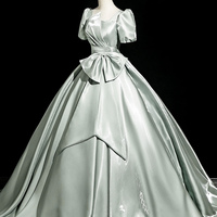 Green Satin Floor Length Prom Dress, Elegant Short Sleeve Party Dress - Thumbnail 1