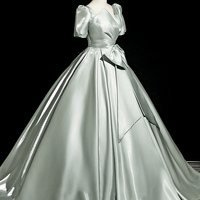 Green Satin Floor Length Prom Dress, Elegant Short Sleeve Party Dress - Thumbnail 2