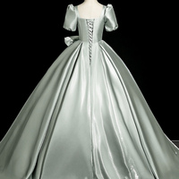 Green Satin Floor Length Prom Dress, Elegant Short Sleeve Party Dress - Thumbnail 3