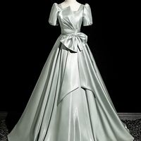 Green Satin Floor Length Prom Dress, Elegant Short Sleeve Party Dress - Thumbnail 4