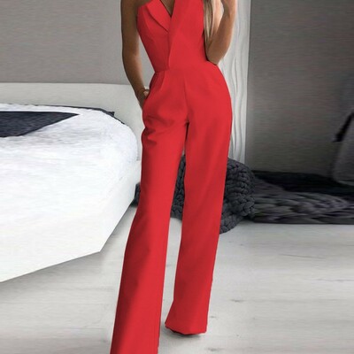 Sexy women's elegant jumpsuits sleeveless high waist slim wide leg jumpsuit pants