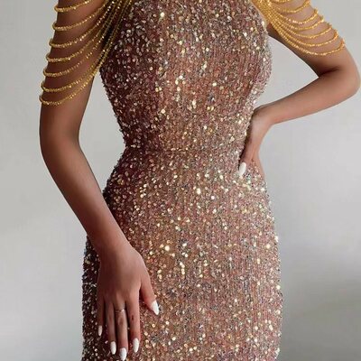 Spring/summer new fashionable hanging neck sexy crystal chain hip wrapped glitter dress mid waist evening dress