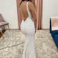 White Backless Iridescent Sequin Tassel  Long Prom Dress with Slit, PD230350 - Thumbnail 1