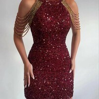 Spring/Summer New Fashionable Hanging Neck Sexy Crystal Chain Hip Wrapped Glitter Dress Mid Waist Evening Dress - Thumbnail 5