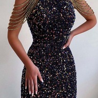 Spring/Summer New Fashionable Hanging Neck Sexy Crystal Chain Hip Wrapped Glitter Dress Mid Waist Evening Dress - Thumbnail 6